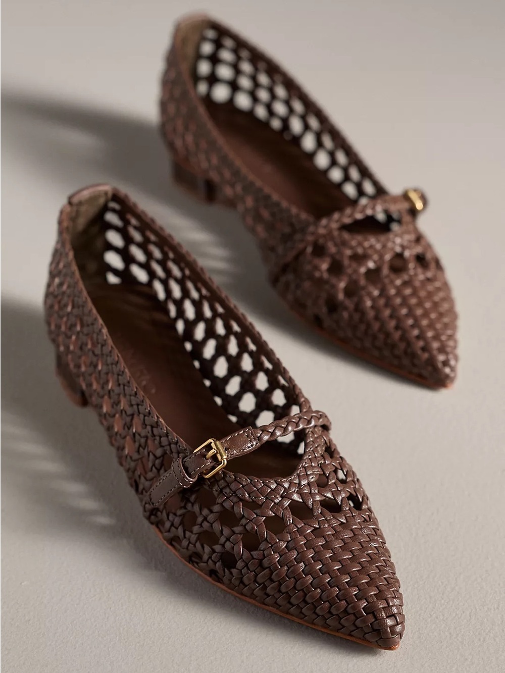 FARM Rio Brown Braided Leather Mary Jane Pointed Toe Flats Ballerina Heel Buckle